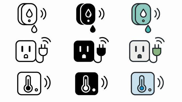 Smart home sensors: water leak, power plug, temperature icons in various styles