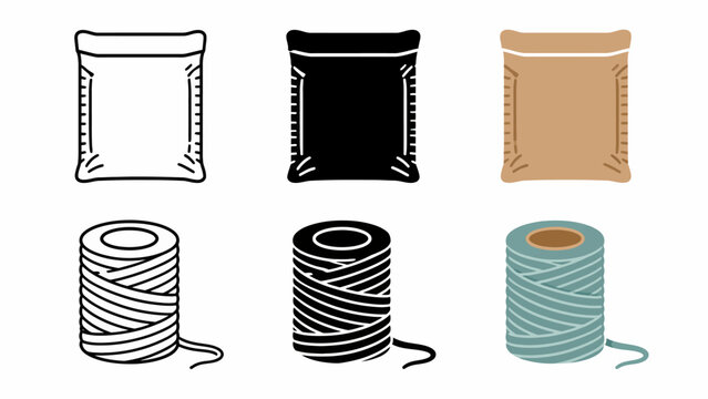 Set of colored and monochrome yarn spools and bags on white background