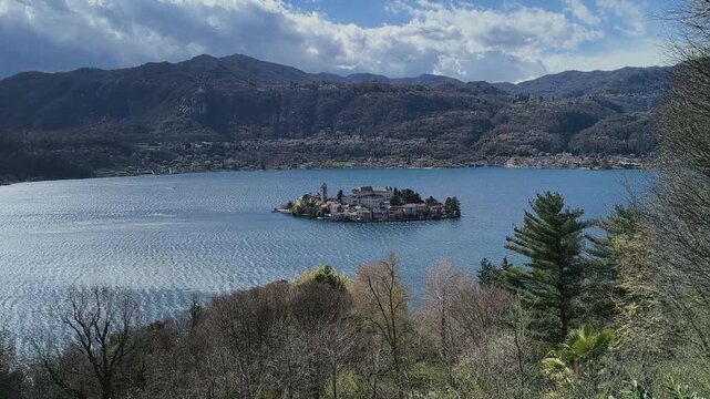San Giulio isle aerial view, Orta Lake, Piedmont, Italy