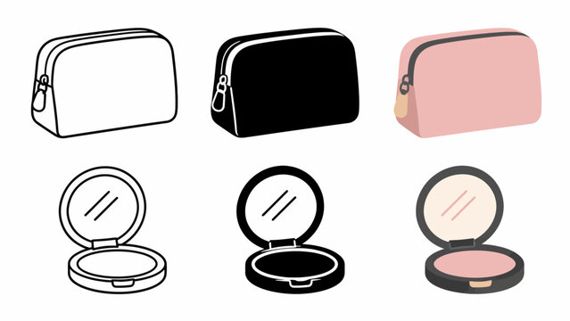 Cosmetic bags and makeup compacts: simple icon set in monochrome and color