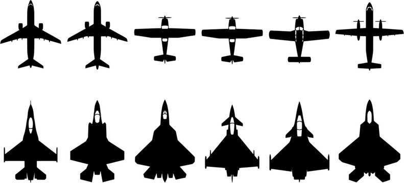 Set of aircraft top view silhouettes including commercial jets, propeller planes and military fighter aircraft isolated on white background