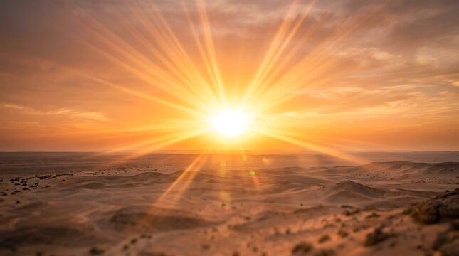 Stunning golden sunrise over vast desert landscape with bright sun rays shining beautifully through clouds