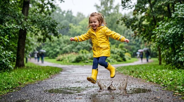 Happy girl in yellow raincoat jumping in puddle on rainy day