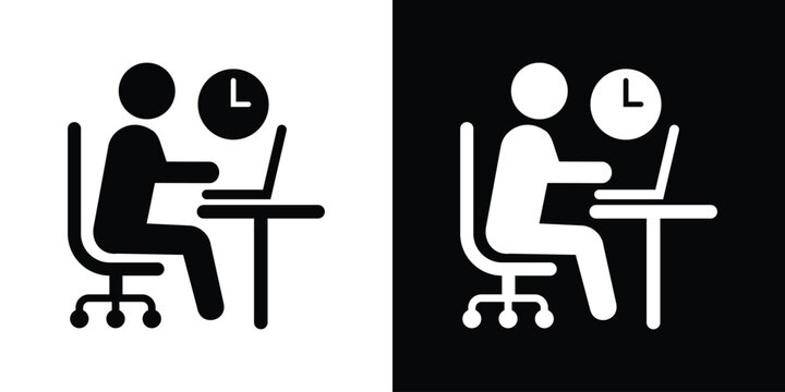Employee working on a laptop with a clock icon representing deadline and time management, in flat vector style.