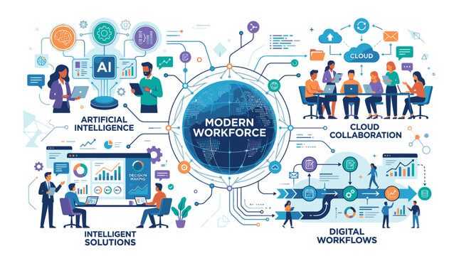 Infographic illustration of a modern workforce with various professionals engaged in digital workflows and cloud collaboration surrounded by icons representing intelligent solutions and on