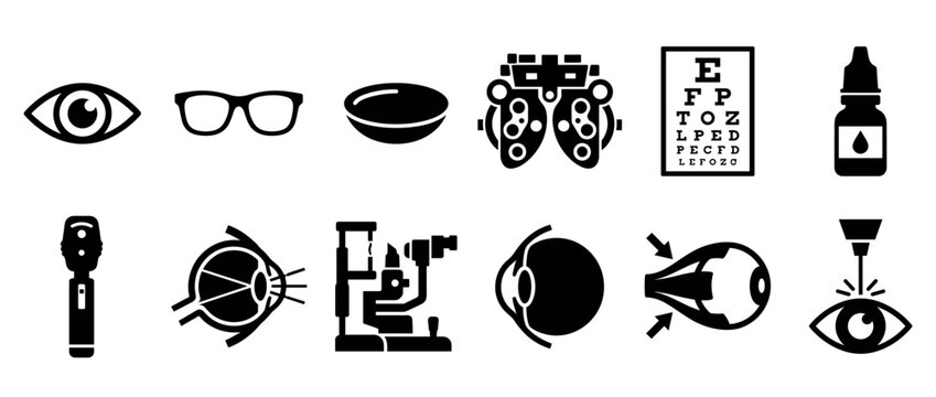 Set of black optometry icons for vision care and ophthalmology, including eyeglasses, contact lenses, eye chart, and medical equipment for examination and surgery