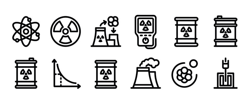 Set of black line icons representing nuclear energy, radiation hazards, atomic power, and related concepts like atoms, power plants, radioactive waste barrels, and a geiger counter