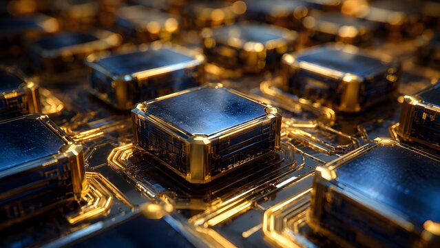 High resolution digital illustration of golden computer microchips in a grid. This clean graphic is suitable for technology backgrounds website design banners and creative digital artwork.
