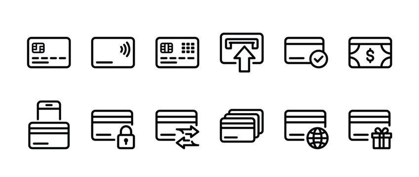 Credit card and payment method line icons representing various financial transaction symbols like transfer, security, contactless tap, and international banking in a minimalist vector set