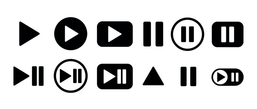 Black play and pause button icon set in a minimalist flat design style, featuring various shapes like triangles and bars for a multimedia player user interface and web navigation