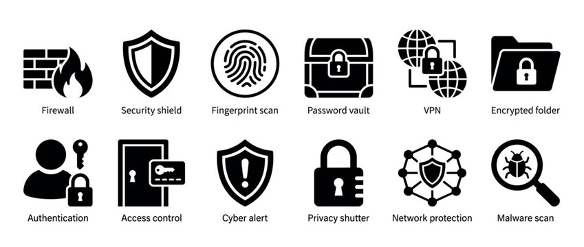 Set of black cybersecurity glyph icons representing firewall, vpn, authentication, and network protection concepts for digital safety and data privacy in a clean, minimalist style