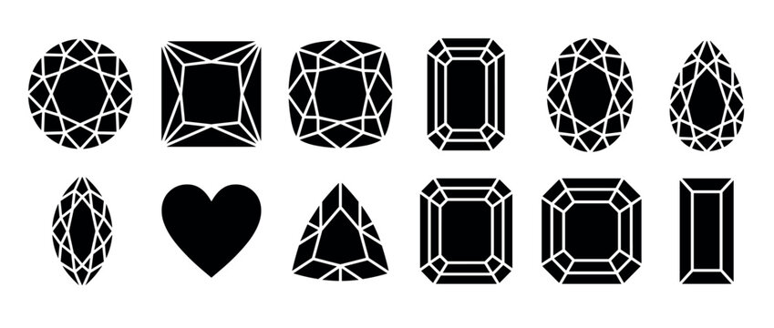Collection of black gemstone cut silhouettes in various popular shapes like oval, pear, heart, and emerald, presented as a flat vector graphic icon set for jewelry design