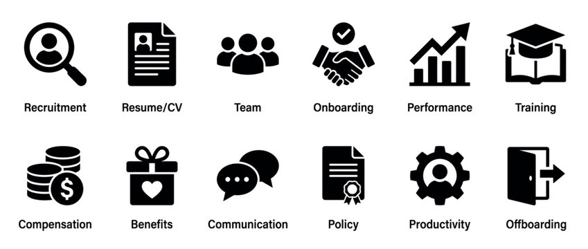 Set of black human resources icons representing the employee lifecycle from recruitment and onboarding to performance and offboarding in a minimalist glyph style for business concepts