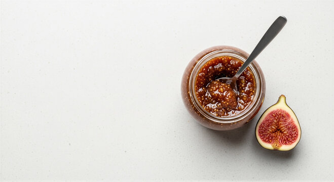 A glass jar of fig jam with a silver spoon inside, accompanied by a fresh halved fig, viewed from directly above on a light surface