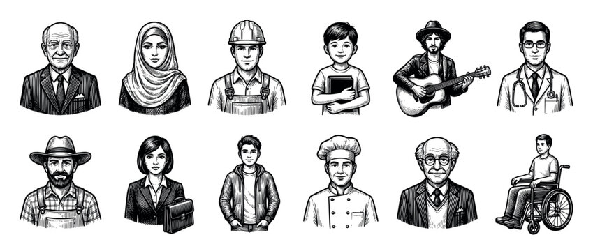 Set of twelve diverse character portraits in a detailed black and white woodcut illustration style, representing different ages, professions, cultures, and abilities in society