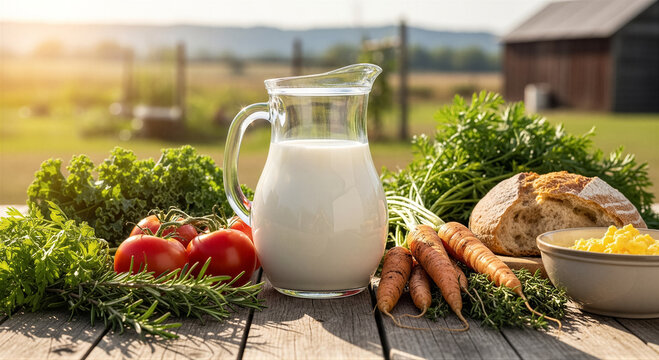 Fresh farm produce including a pitcher of milk, tomatoes, carrots, kale, and bread on a rustic wooden table in a sunny countryside setting