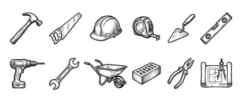 Set of hand-drawn construction tools in a vintage engraving style, featuring a hammer, saw, hard hat, drill, wheelbarrow, brick, and an architectural blueprint
