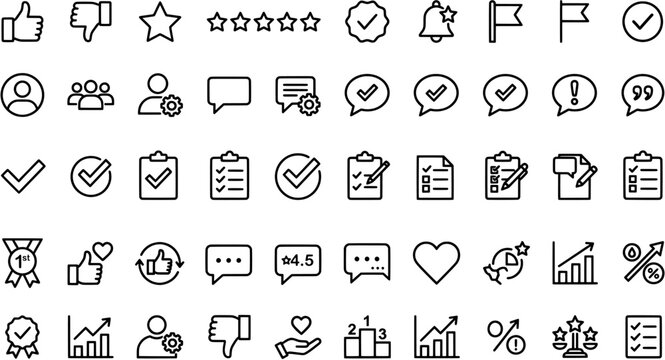 Set of business and feedback line icons featuring checklists, user ratings, communication bubbles, and progress charts