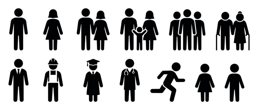 Diverse set of black people icons representing various life stages, from children to seniors, and different professions like doctor, graduate, and businessman