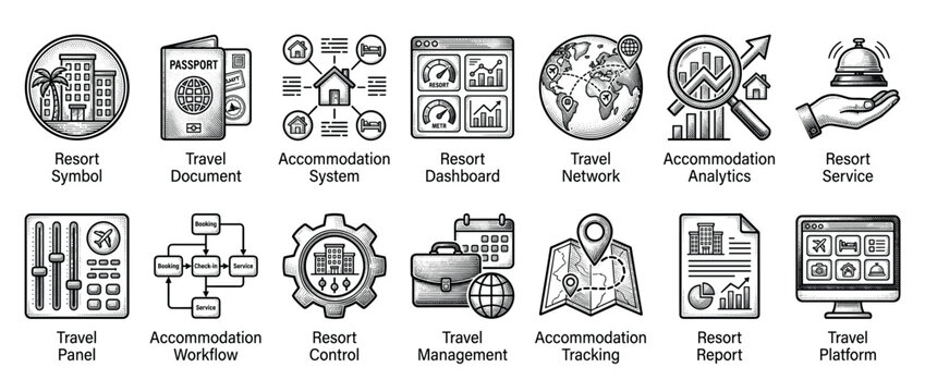 Collection of black and white travel icons in an engraved style showing resort, passport, accommodation system, analytics, and booking platform concepts for the tourism industry