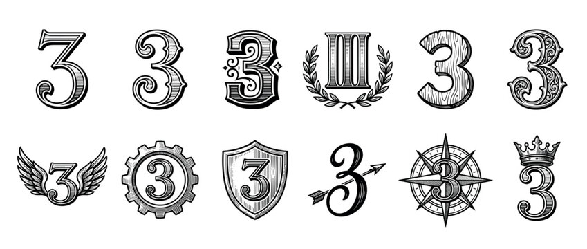 Collection of twelve vintage number three designs in a black and white engraved style featuring decorative elements like wings, crowns, gears, and a compass rose