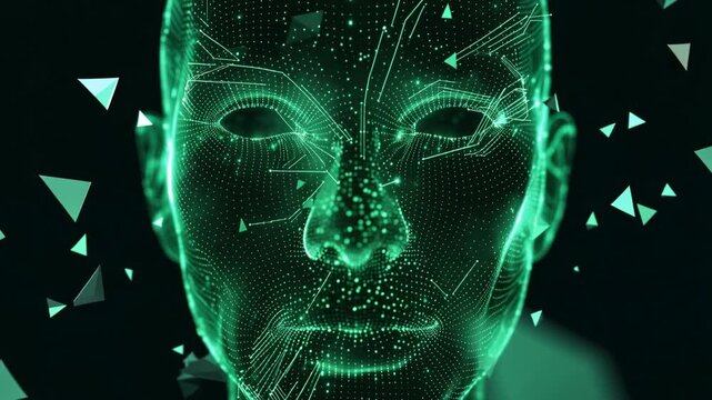 3D render of abstract green digital human face, glowing data connections and geometric particles, artificial intelligence, cybersecurity and big data concept, 4K video