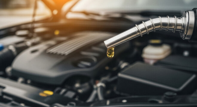 Closeup of a fuel nozzle dripping oil over a car engine, symbolizing vehicle maintenance, engine lubrication, and automotive service