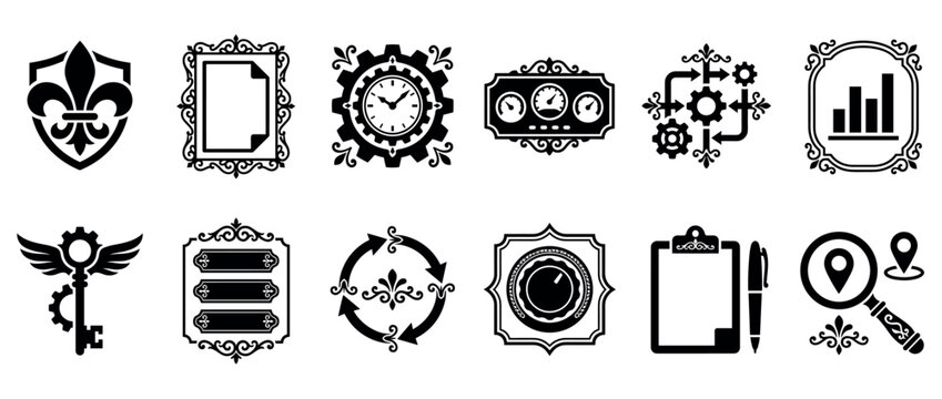 Diverse set of black vintage icons for business and technology, featuring steampunk elements like gears, clocks, gauges, and decorative baroque-style frames