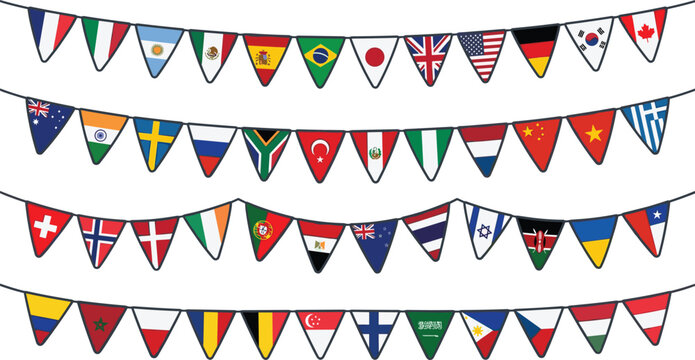 International World Flags Bunting Garland Vector Set with Pennant Banners representing Diverse Countries for Global Events, Celebrations, Festivals, and Cultural Decorations