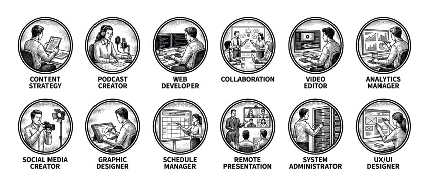 Collection of twelve hand-drawn business icons in a vintage woodcut style showing creative and technical professions like podcasting, video editing, and UX design