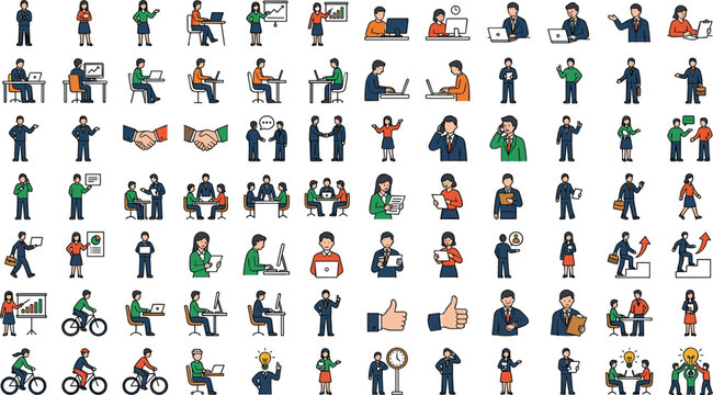Business people and office worker icons set with corporate characters working meeting presentation and training vectors