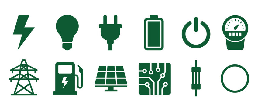 Set of green energy and electricity icons including a solar panel, battery, light bulb, and power pylon representing technology and sustainable resources in a flat minimalist style