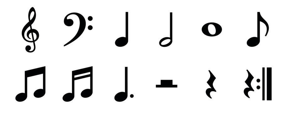 Collection of black musical notes and symbols including the treble clef, bass clef, quarter, half, and whole notes arranged in a neat set for music theory and composition