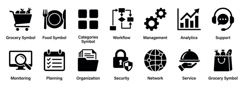 Set of black solid glyph icons for business and e-commerce, illustrating concepts such as workflow, analytics, management, security, customer support, and online grocery shopping