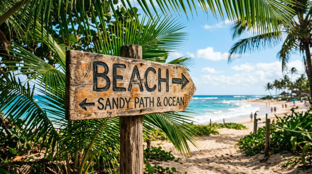 Wooden Beach Sign Post Direction.