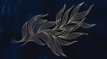 Single golden botanical leaf branch illustration on a dark blue background © Saharia