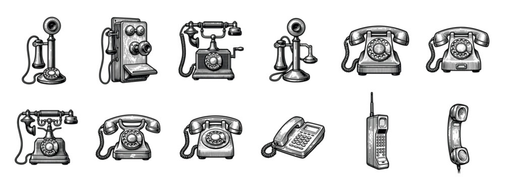 Collection of vintage and retro telephones showing the evolution of communication, from antique candlestick and rotary models to early mobile phones, in a detailed engraving style