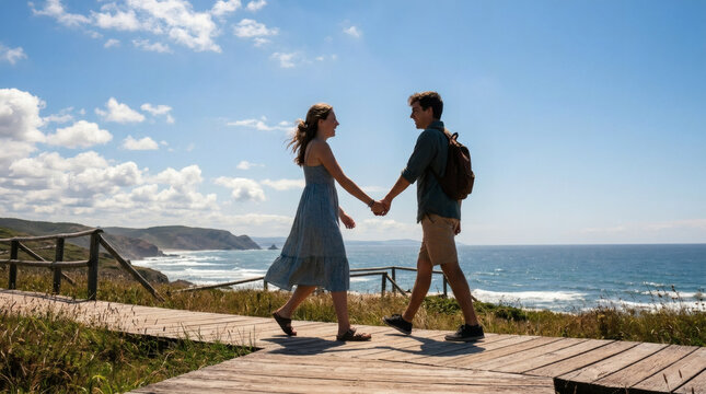 Young couple walking hand in hand.