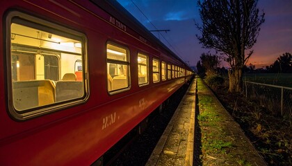 Obraz premium Red Train at Night on Railway Platform.