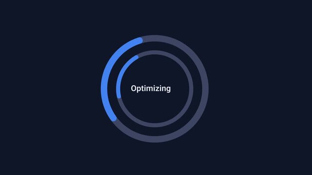 Animated digital interface displaying an optimization progress ring with status text on a dark background, representing system enhancement, performance improvement, workflow efficiency, and automated 