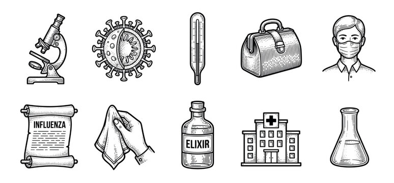 Medical and scientific icon collection drawn in a black and white vintage woodcut style, featuring a virus cell, microscope, hospital, elixir bottle, and a person in a mask