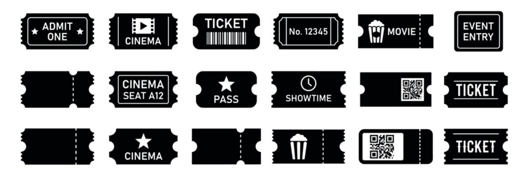 Collection of black ticket stub icons for cinema, movie, and event entry in a minimalist vector silhouette style, featuring barcodes, QR codes, and various text designs