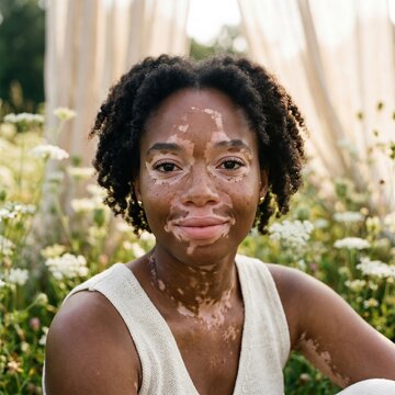 Young Black woman with vitiligo in field of white wildflowers
