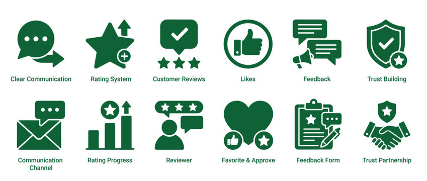 Green solid glyph icons for customer reviews and satisfaction, featuring symbols for communication, rating, feedback, trust building, and partnership in a minimalist design