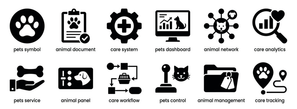 Set of black solid glyph icons for pet care services, representing animal health management, veterinary technology, digital tracking, analytics, and workflow systems