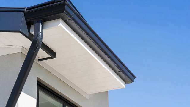 Clean white soffit board under eaves contrasting with dark rain gutter.