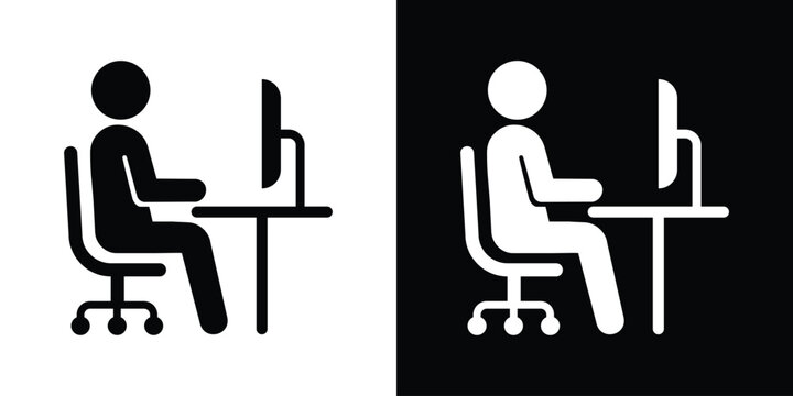 Office worker sitting at a desk using a desktop computer monitor, black and white workspace icon set.