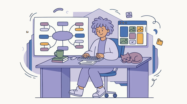 A person works on a computer with a mind map on screen while a cat sleeps peacefully nearby