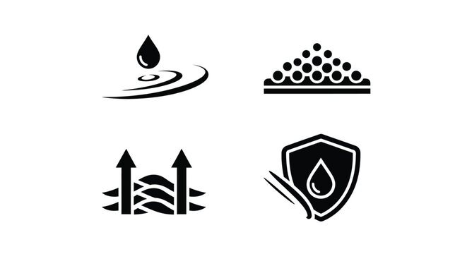Water droplet textured surface and directional arrows as flat icons silhouette