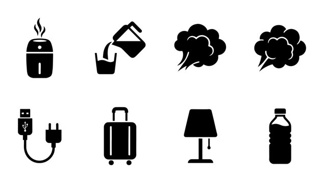 Home Comfort Icons: Aroma Diffuser, Pouring Water, Steam, Brain, USB Plug, Luggage, Lamp, Water Bottle